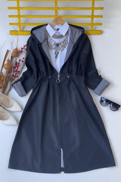 Kapşonlu fermuarlı cepli kap Siyah SLT30120