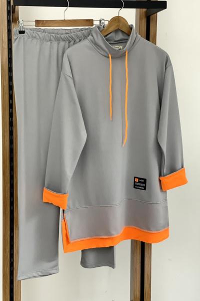Kapşonlu manşet renkli ikili takım Gri SLT30125