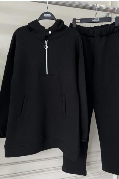 Kapşonlu Yaka fermuarlı Üçiplik Takım Siyah UMS50119