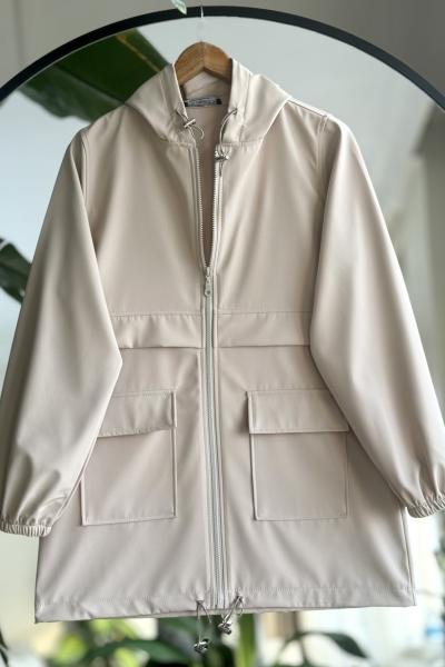 Kapşonlu Cepli fermuarlı ceket Bej NEW6014