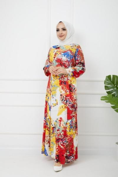Karışık Desenli Viskon Elbise Kırmızı-sarı GLN1119