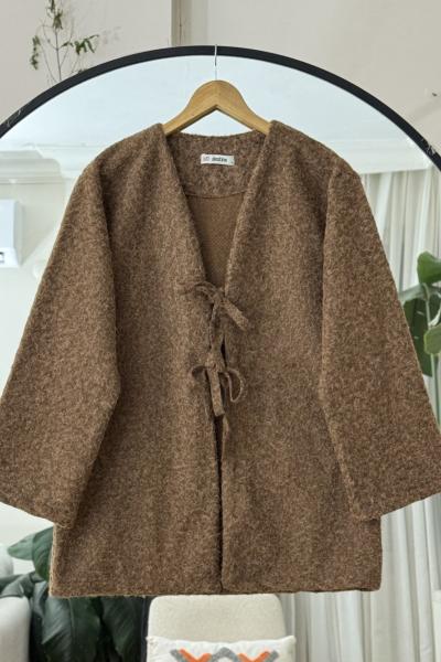 Kaşe Kumaş fiyonk Bağlamalı Hırka Kahve DS2052