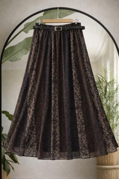 kemerli astarlı asimetrik desenli şifon etek siyah-kahve UMS50345