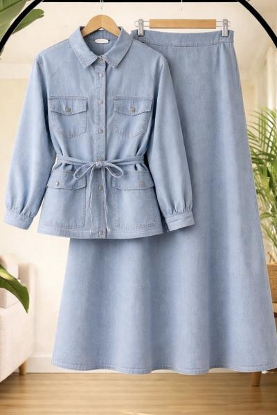 Kemerli cepli etekli Kot takım Acıkmavi YR8090