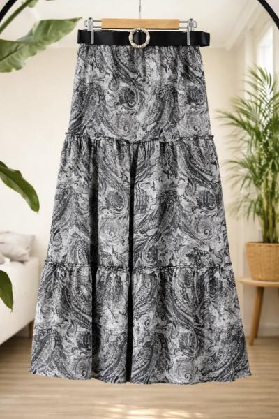 Kemerli dikiş Detaylı desenli Etek Gri TB8088