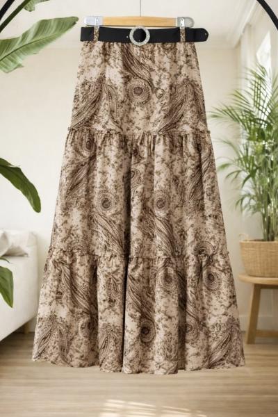 Kemerli dikiş Detaylı desenli Etek Bej TB8088