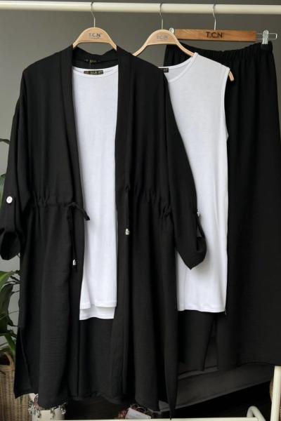 keten üçlü kimona takım Siyah TCN4048