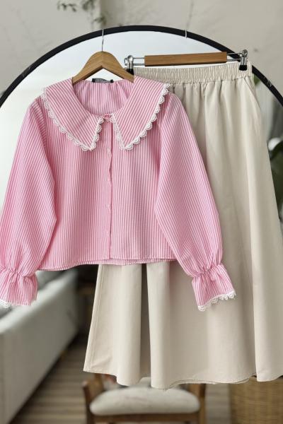 Kısa çizgili Bebeyaka gömlek Pembe NW6053