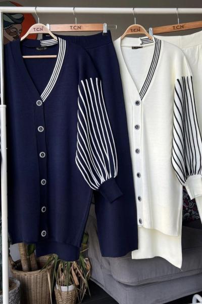 Kol çizgili Hırkalı triko Takım Ekru TCN4060