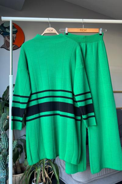 Kol ön çizgili triko takım yeşil TCN4055