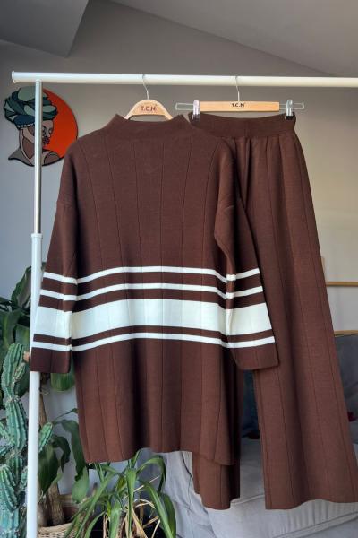 Kol ön çizgili triko takım kahve TCN4055