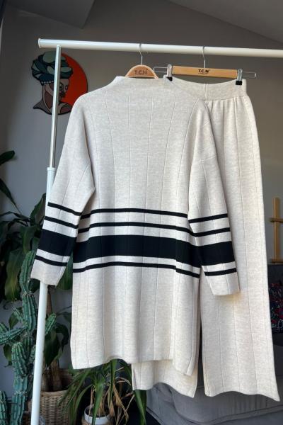 Kol ön çizgili triko takım ekru TCN4055