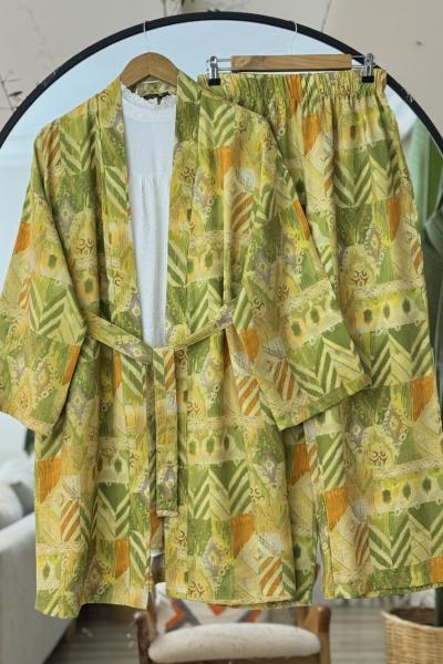 Kuşaklı Etnik Desenli Kimono Takım Yeşil NEW6055