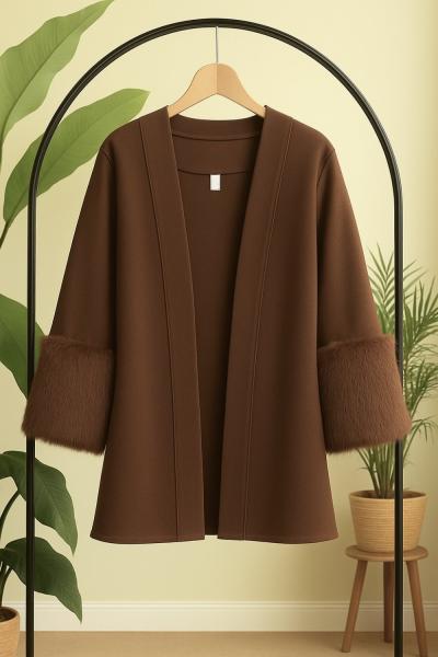Kuşaklı kol kürklü kimono Ceket Kahverengi TB8037
