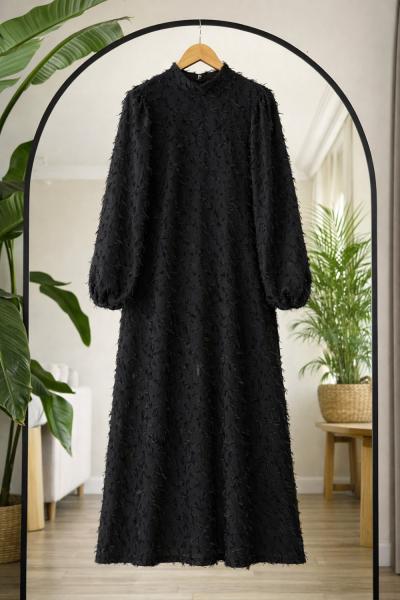 Kuşaklı saçaklı Elbise Siyah Ef8078