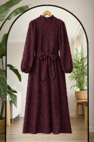 Kuşaklı saçaklı Elbise Mürdüm Ef8078