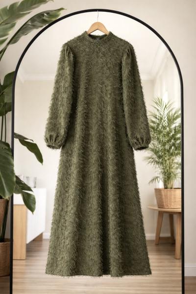 Kuşaklı saçaklı Elbise Yeşil Ef8078