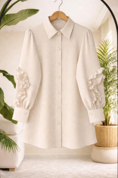 Kuşaklı yırtmaclı Tunık Gömlek Bej BK9552