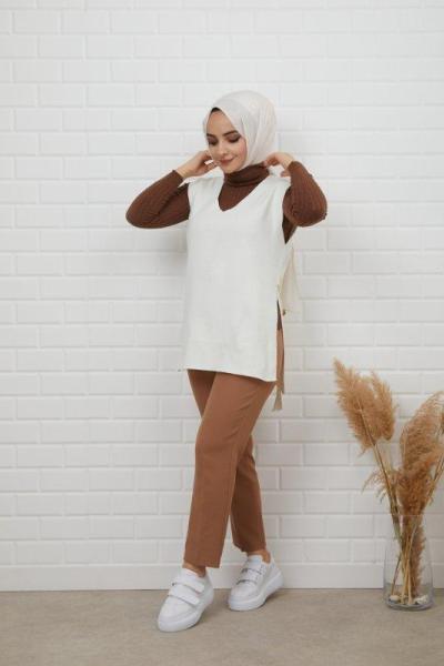 Kuşaklı v yaka süveter Beyaz NFS14500