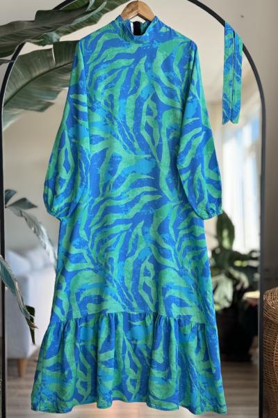 Kuşaklı Etekucu fırfırlı Viskon Elbise Yeşil SLT30320