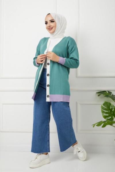 Manşet Renkli Düğmeli Triko Hırka Neftiyeşili SLT1210