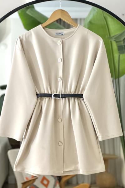 Metal düğmeli kemerli bel lastikli Tunik Bej BK9525