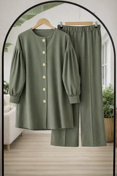 Metal Düğmeli kol pile Detaylı Takım Yeşil TB8085