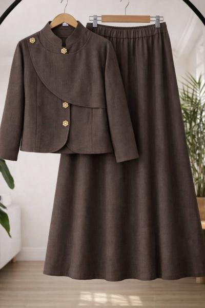 Metal Düğmeli Keten Etekli takım Kahve TCN40171