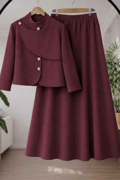 Metal Düğmeli Keten Etekli takım Bordo TCN40171