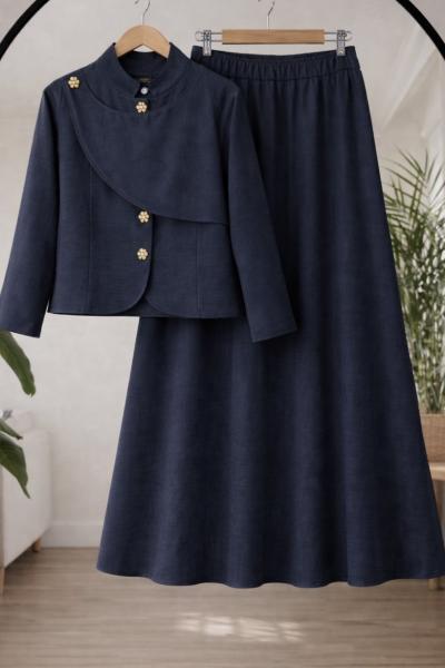 Metal Düğmeli Keten Etekli takım Lacivert TCN40171