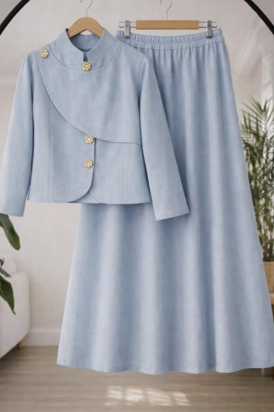 Metal Düğmeli Keten Etekli takım Bebemavi TCN40171