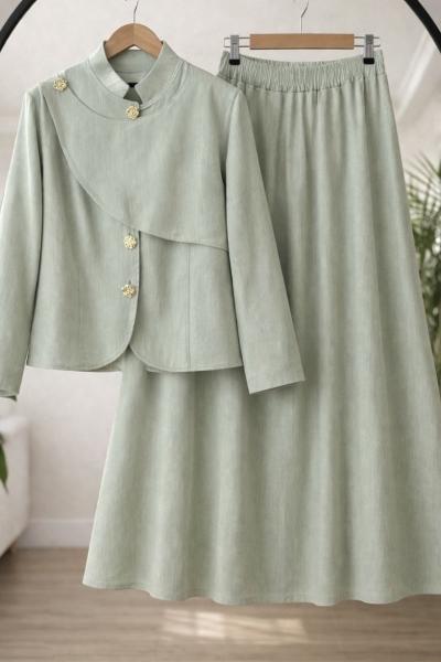 Metal Düğmeli Keten Etekli takım Mintyeşil TCN40171