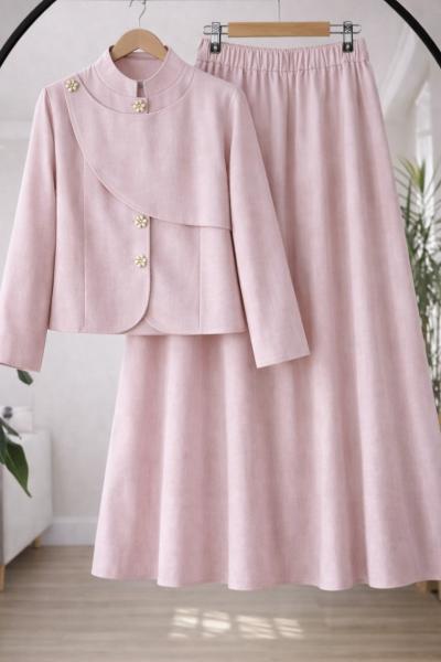 Metal Düğmeli Keten Etekli takım Pembe TCN40171