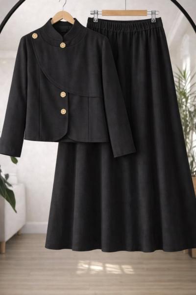 Metal Düğmeli Keten Etekli takım Siyah TCN40171