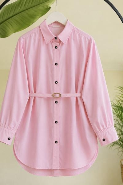 Metal Düğmeli Kermerli Gömlek Tunik Pembe TCN40178