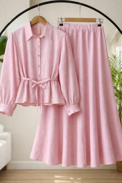 Nakış işleme gömlek Etek takım pembe TB8087