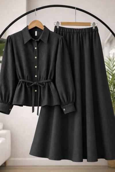 Nakış işleme gömlek Etek takım Siyah TB8087