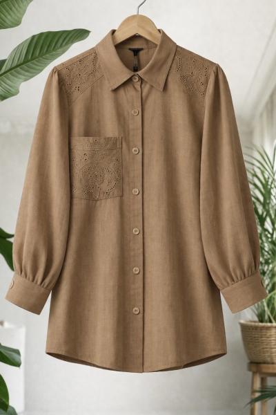 Omuz Kol Dantel İşlemeli Tunik kahverengi TCN40172