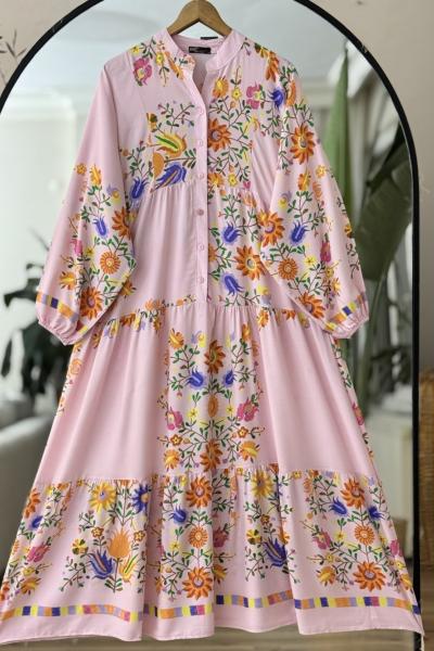 Patlı yarım Düğmeli Desenli Elbise Pembe UMS50261