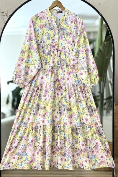 Patlı yarım düğmeli Bahar Elbise Sarı UMS50283