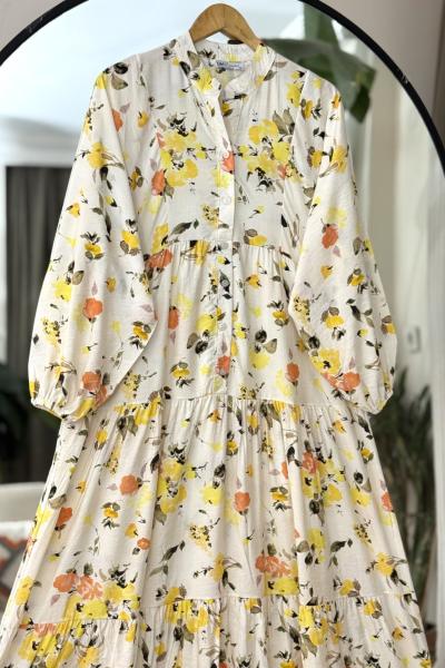 Patlı Yarım Düğmeli lilyüm elbise Sarı UMS50310