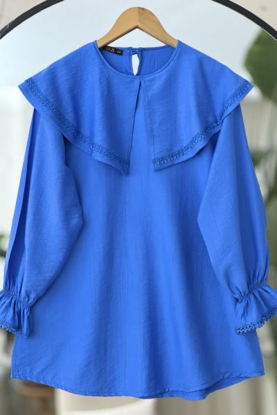 Pelerin Yakalı dantel Detaylı Tunik Saks 4094