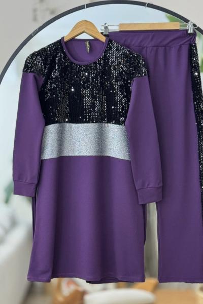 pul payet kuşaklı takım Mor