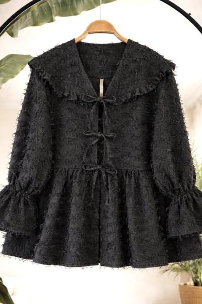 Sakallı keten kumaş bağcıklı Ceket Siyah TB8069