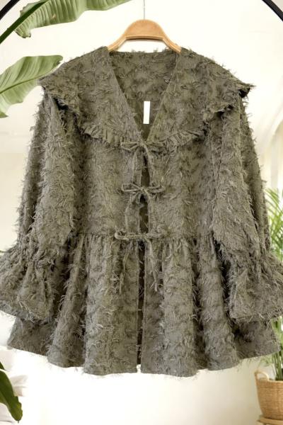 Sakallı keten kumaş bağcıklı Ceket Yeşil TB8069