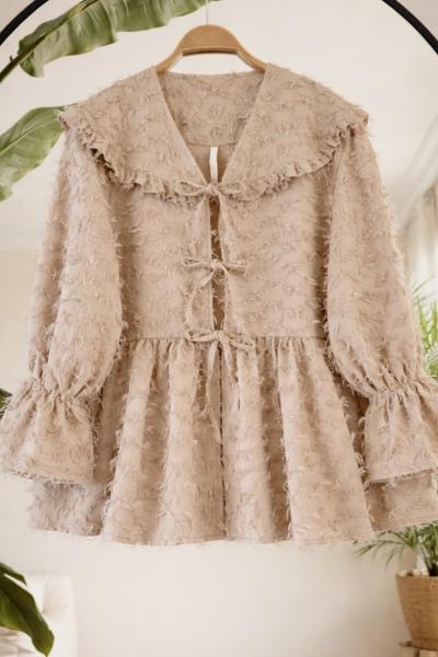 Sakallı keten kumaş bağcıklı Ceket Bej TB8069