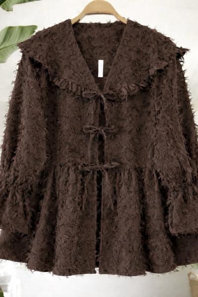 Sakallı keten kumaş bağcıklı Ceket Kahve TB8069