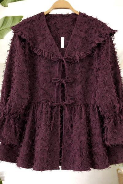 Sakallı keten kumaş bağcıklı Ceket mürdümTB8069