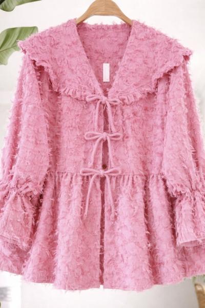 Sakallı keten kumaş bağcıklı Ceket pembe TB8069