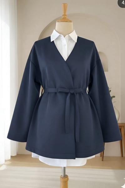 Scuba kumaş ön bağlamalı Kimona ceket Lacivert DS2053